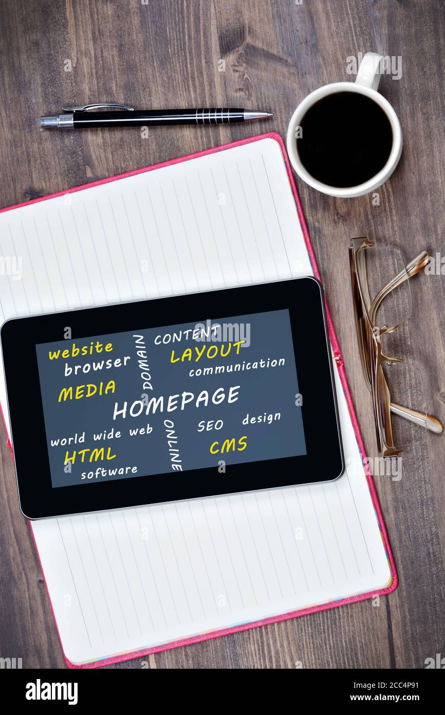Homepage Wort auf digitalen Tablet Nahaufnahme Stockfoto