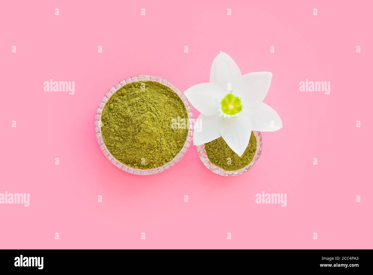 Natürliches Henna Pulver und weiße Blume in einer weiblichen Hand auf einem rosa Hintergrund. Konzept weibliche Schönheit und Kosmetologie. Augenbraue und Haarfärbung. Stockfoto