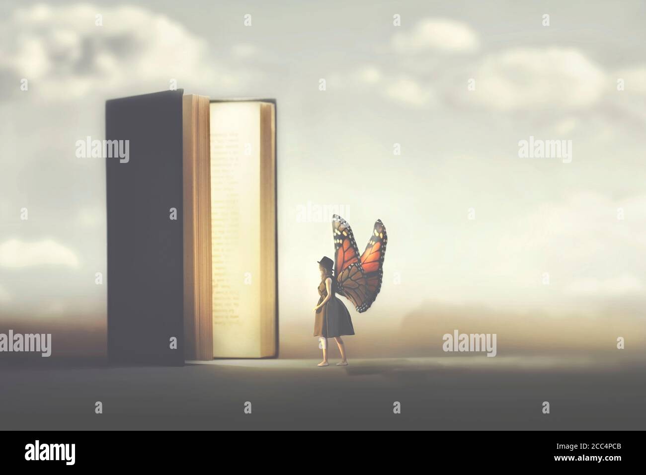 Schmetterling Frau betritt die Seiten eines Fantasy-Buch Stockfoto