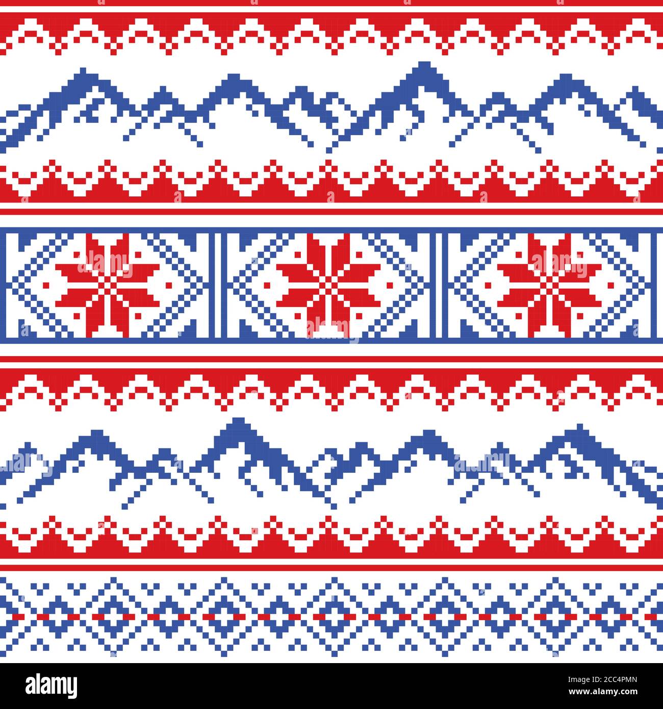 Berge und Snowboard Vektor nahtloses Muster, Fair Isle Stil traditionelle Strickmode - Wandern, Ski und Snowboard Konzept Stock Vektor