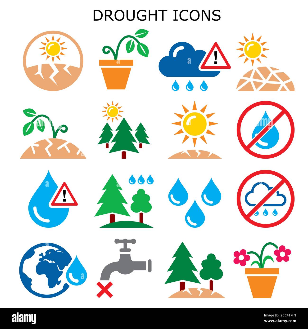 Dürre, Naturkatastrophe, Klimawandel Vektor-Farb-Icons gesetzt - kein Wasser für Pflanzen, in Gärten und Wäldern Stock Vektor