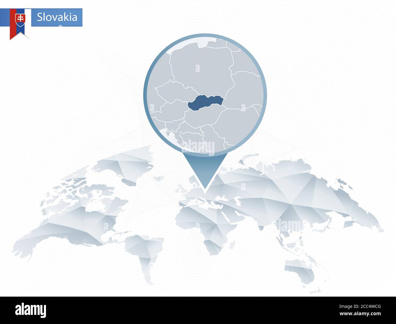 Abstrakte abgerundete Weltkarte mit angehefteter detaillierter Slowakei-Karte. Karte und Flagge der Slowakei. Vektorgrafik. Stock Vektor