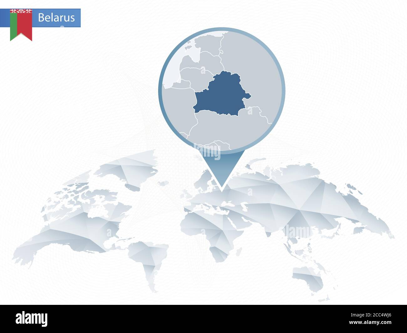 Abstrakte abgerundete Weltkarte mit angehefteter detaillierter Weissrusslandkarte. Karte und Flagge von Weißrussland. Vektorgrafik. Stock Vektor