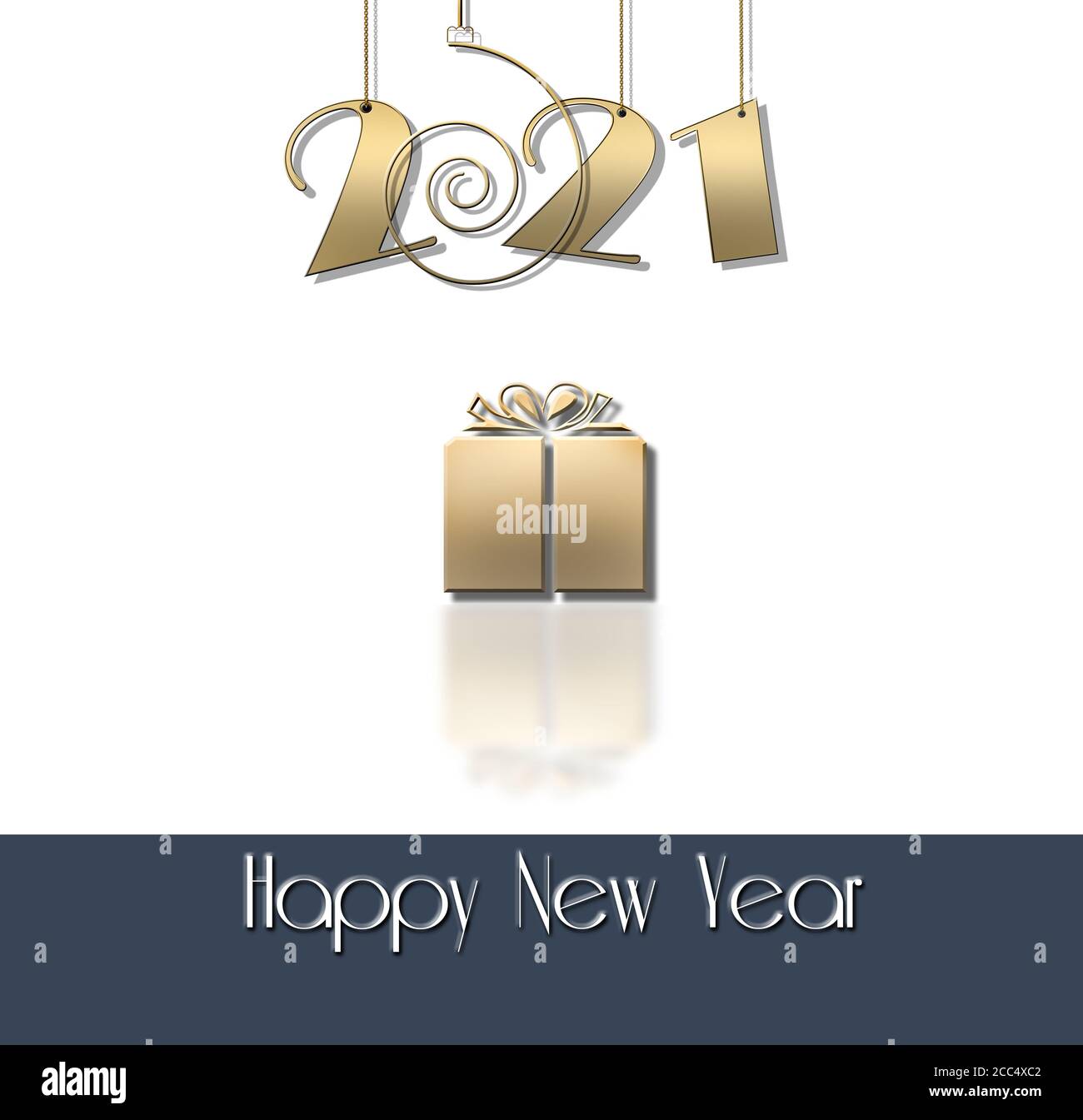 Luxus minimalistisch Happy New 2021 Jahr-Design mit hängenden Gold 2021-stellige, glänzende Geschenkbox mit Reflexion auf weißem Hintergrund. Text-Frohes neues Jahr. Mock-up, Copy Space, Grußkarte. 3D-Illustration Stockfoto