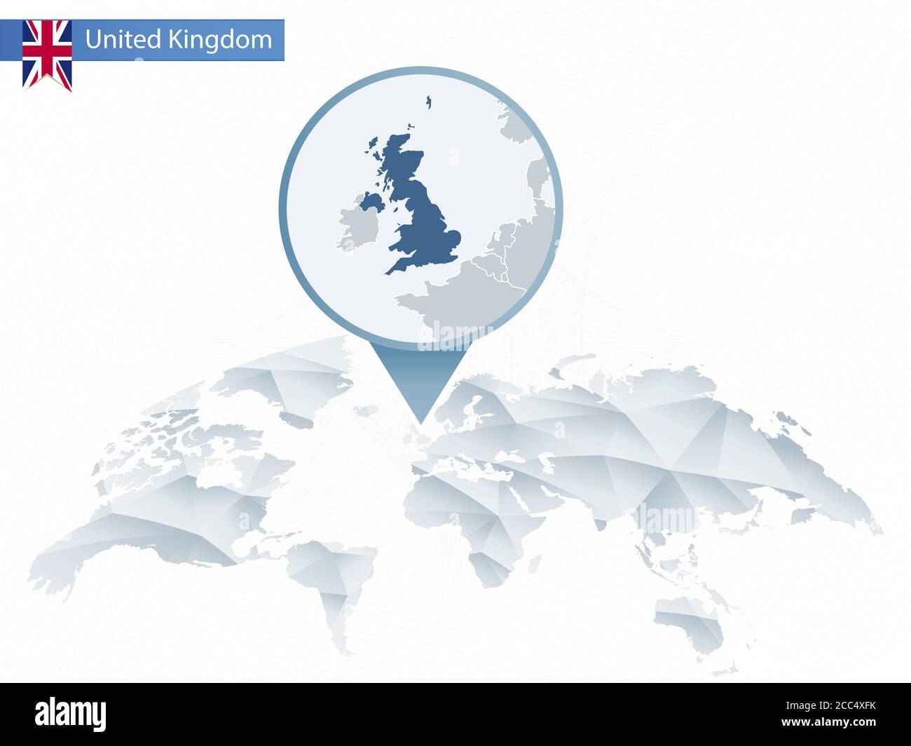 Abstrakte abgerundete Weltkarte mit angehefteten detaillierten UK-Karten. Vektorgrafik. Stock Vektor