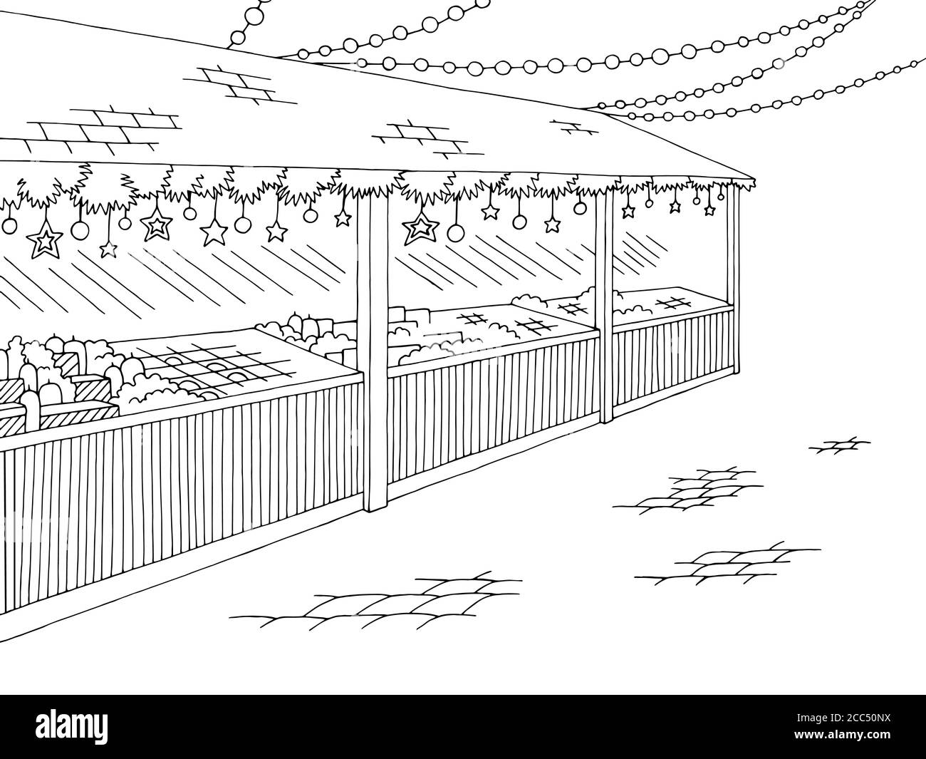 Weihnachten Messe Straßengrafik schwarz weiß Landschaft Skizze Illustration Vektor Stock Vektor