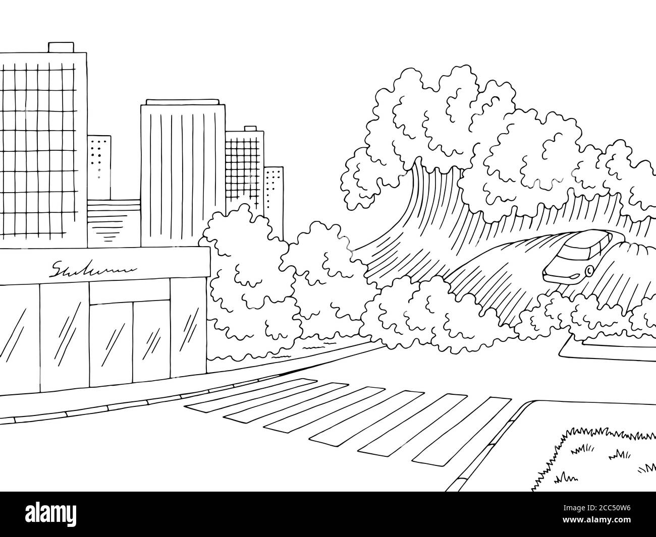 Tsunami Flutgrafik schwarz weiß Landschaft Stadt Skizze Illustration Vektor Stock Vektor