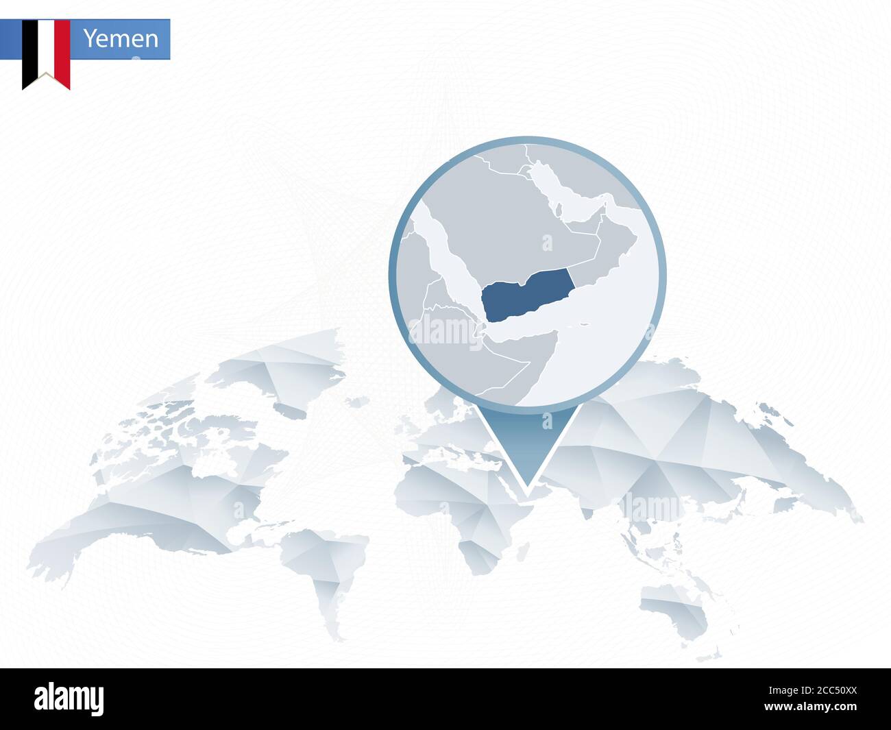 Abstrakte abgerundete Weltkarte mit angehefteter detaillierter Jemen-Karte. Vektorgrafik. Stock Vektor