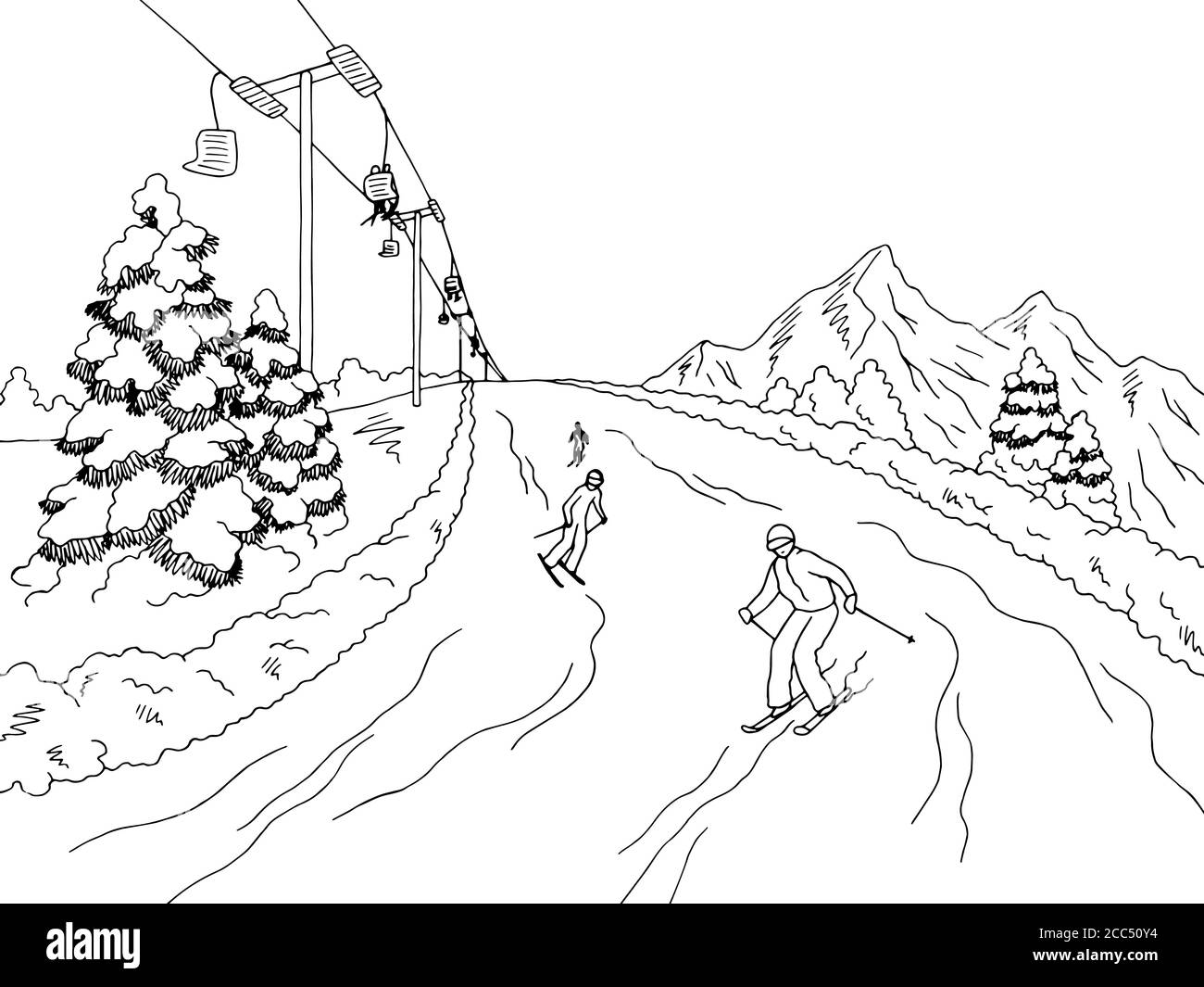 Menschen Skifahren in den Bergen Grafik schwarz weiß Landschaft Skizze Illustrationsvektor Stock Vektor