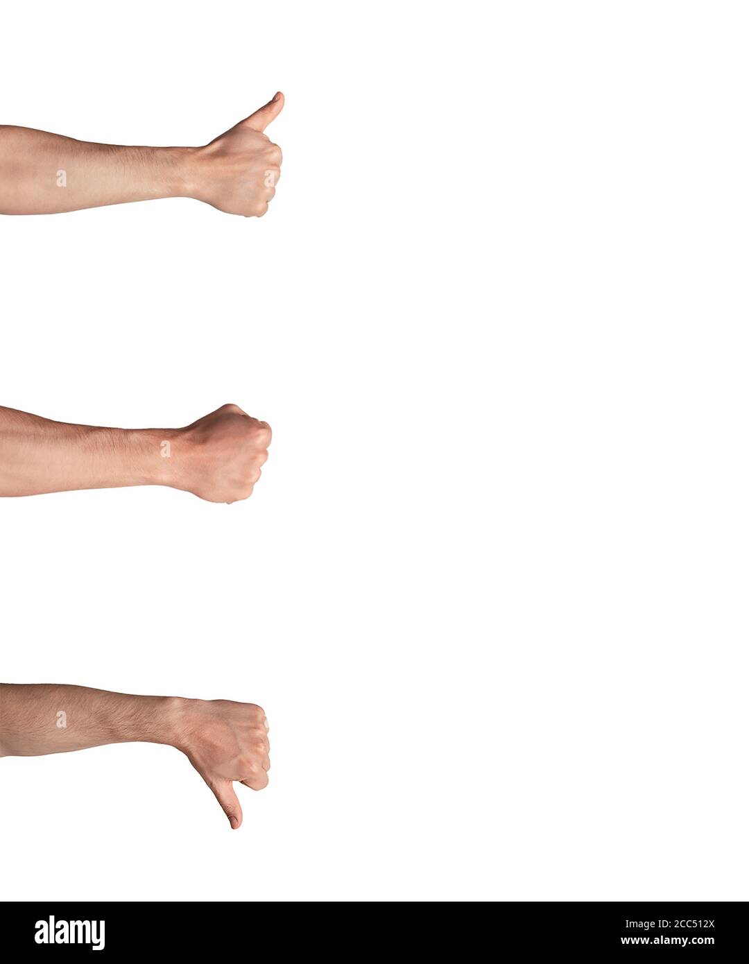 Männliche Hände zeigen Faust, Daumen nach oben und Daumen nach unten Gesten auf weißem Hintergrund, isoliert. Colage mit freiem Raum Stockfoto