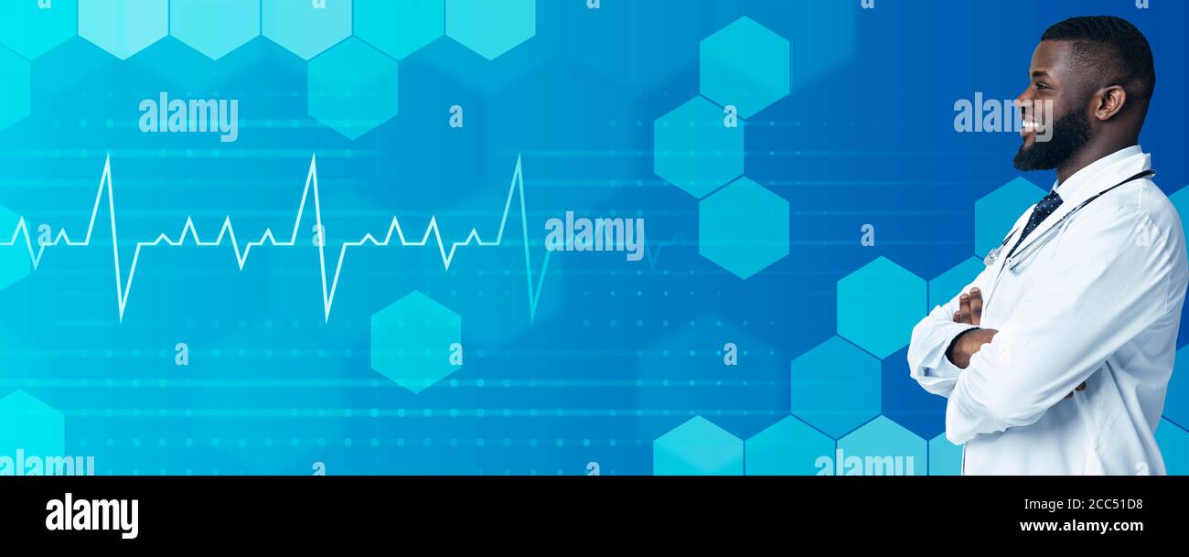 Science Medicine Konzept. Collage mit lächelnden schwarzen männlichen Arzt Blick auf leeren Raum, blauer Hintergrund Stockfoto