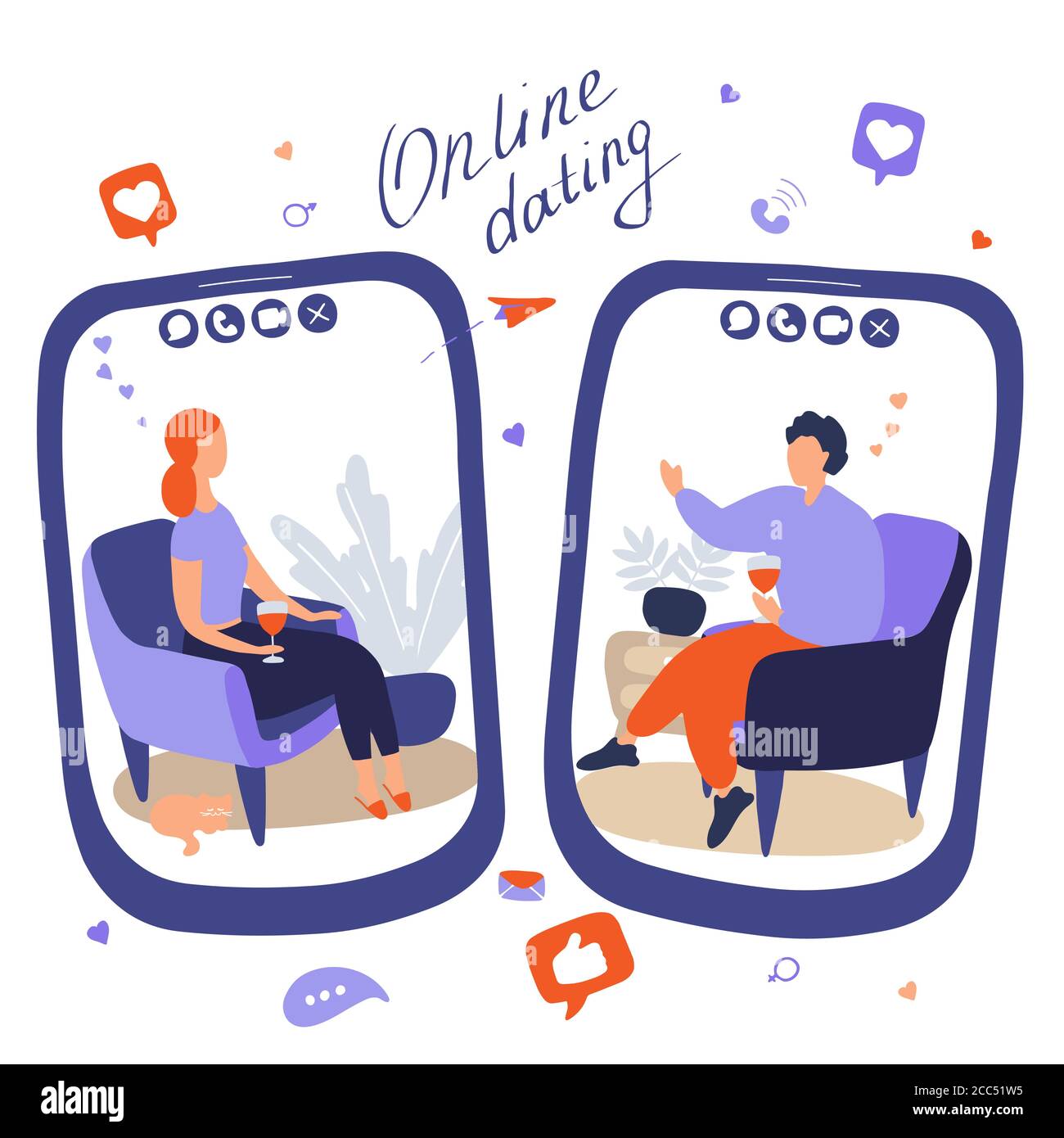 Tablet-Bildschirme, auf denen Menschen über Online-Messenger kommunizieren. Heterosexuelles Paar traf sich auf Internet-App. Internationale Ehen und Beziehungen Stock Vektor