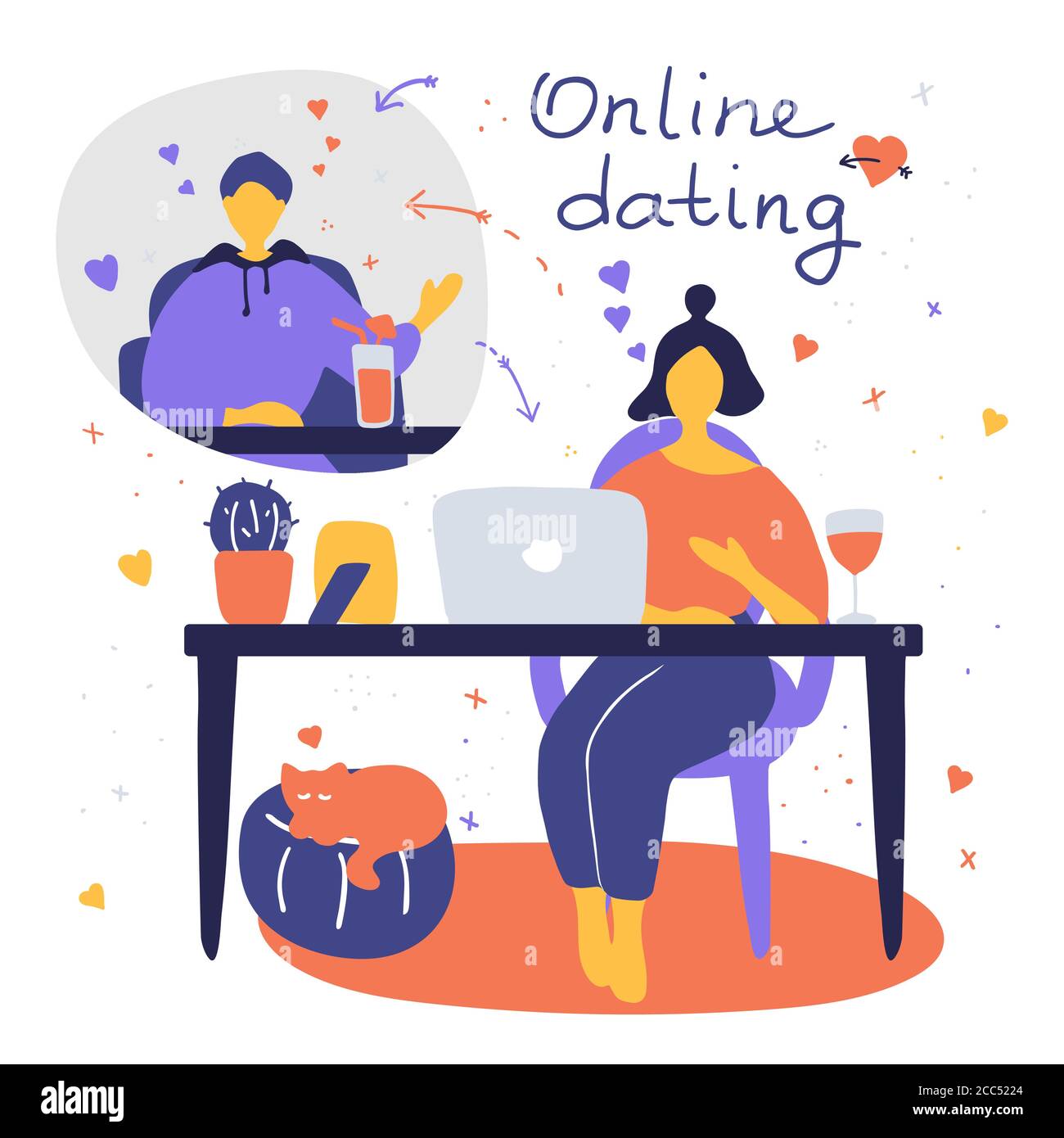 Paar chatten online während Pandemie. Mann und Frau flirten online auf Dating-Website. Virtuelles Dating-Konzept. Vektorgrafik flach Stock Vektor