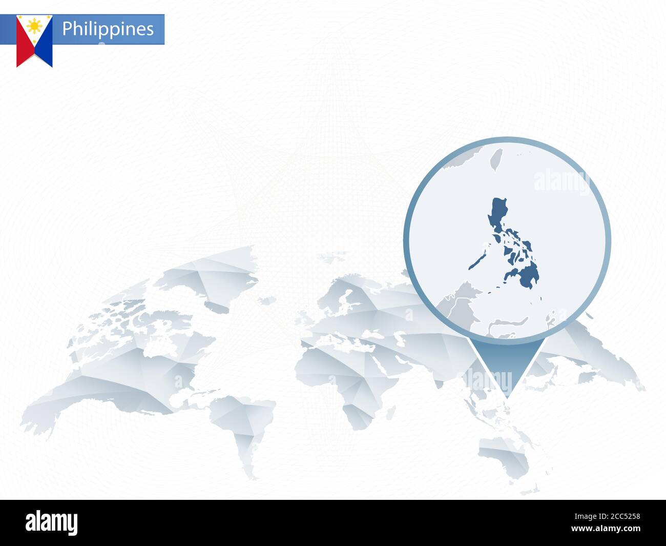 Abstrakte abgerundete Weltkarte mit angehefteten detaillierten Philippinen-Karte. Vektorgrafik. Stock Vektor