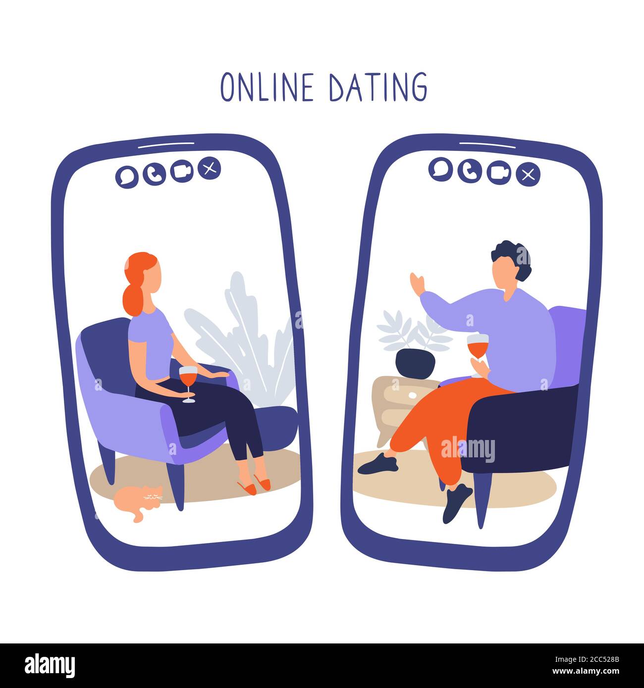 Telefonbildschirme, auf denen Menschen über Dating-App kommunizieren. Das Paar traf sich online und kommuniziert weiter aus der Ferne. Ehen und Beziehungen Stock Vektor