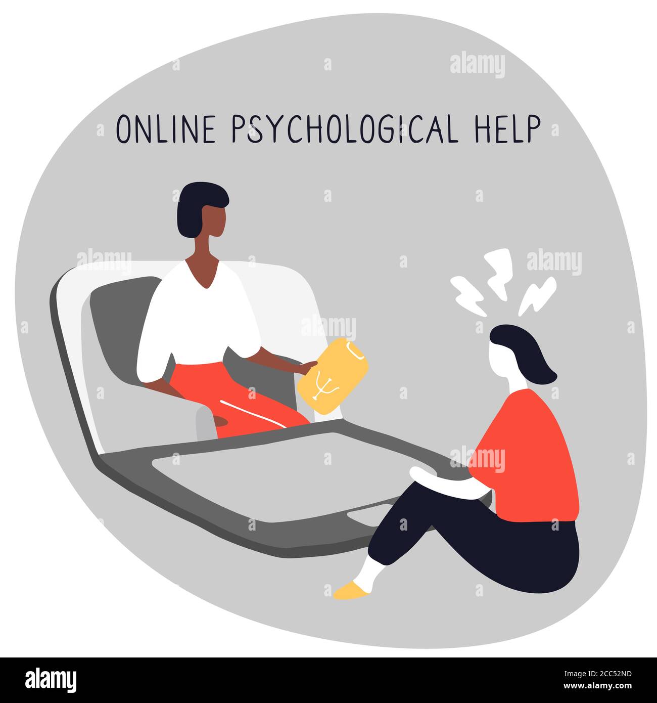 Mädchen bei der Sitzung mit Psychologen spricht über ihre Probleme. Online-Beratung von Psychotherapeuten. Psychologische Behandlung. Doodle-Flat-Vektor Stock Vektor