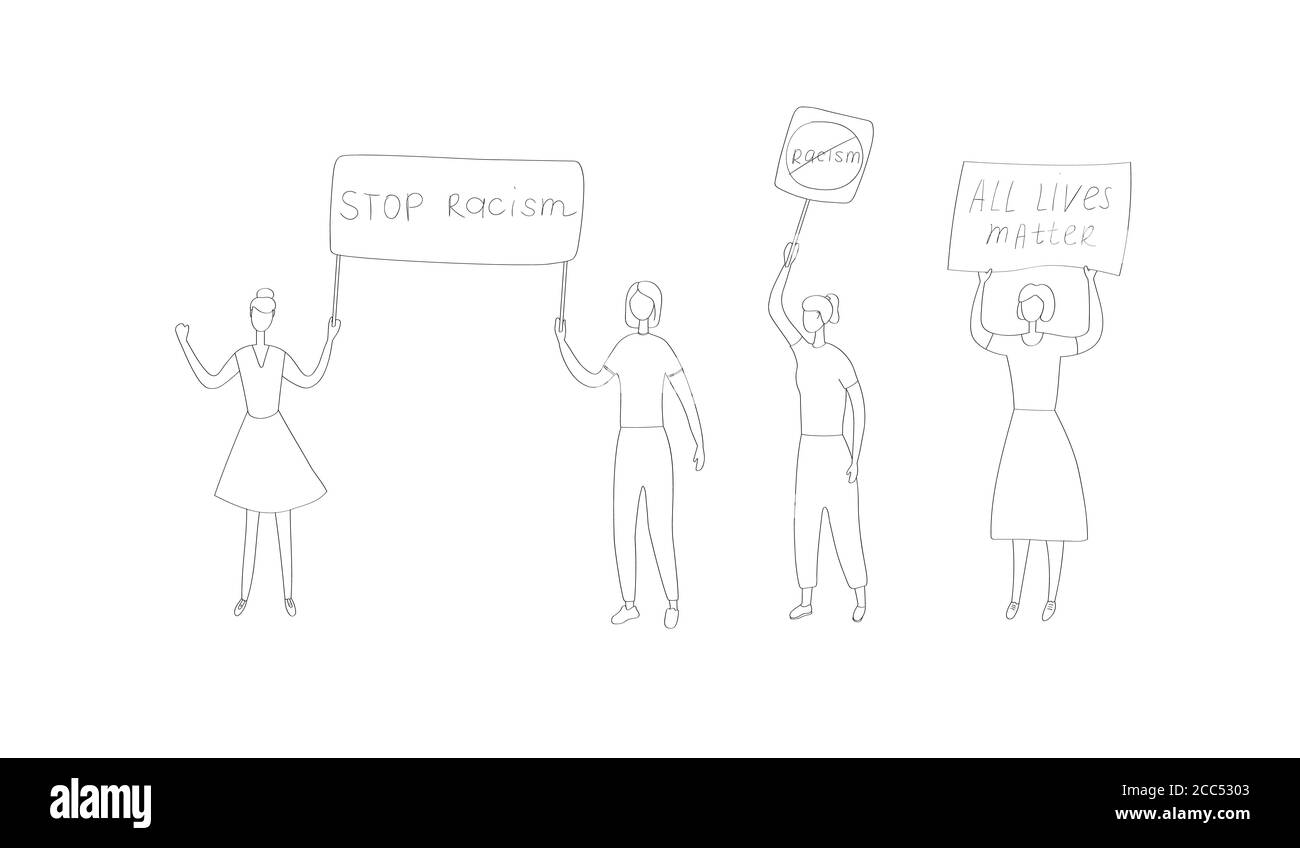Kundgebung gegen Rassismus. Protestbewegung gegen Gewalt und Ungleichheit. Die Menschen setzen sich für die Gleichstellung von Geschlecht und Rasse ein. Handgezeichneter flacher Vektor Stock Vektor