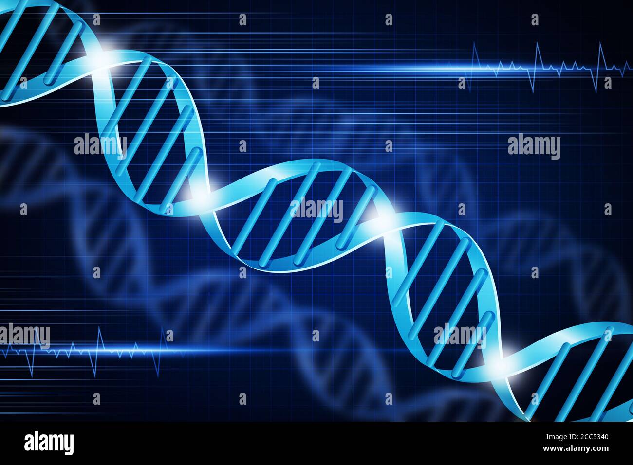 Genetik und Biotechnologie. DNA-Molekül Spiralen auf blauem Hintergrund, kreative Illustration Stockfoto