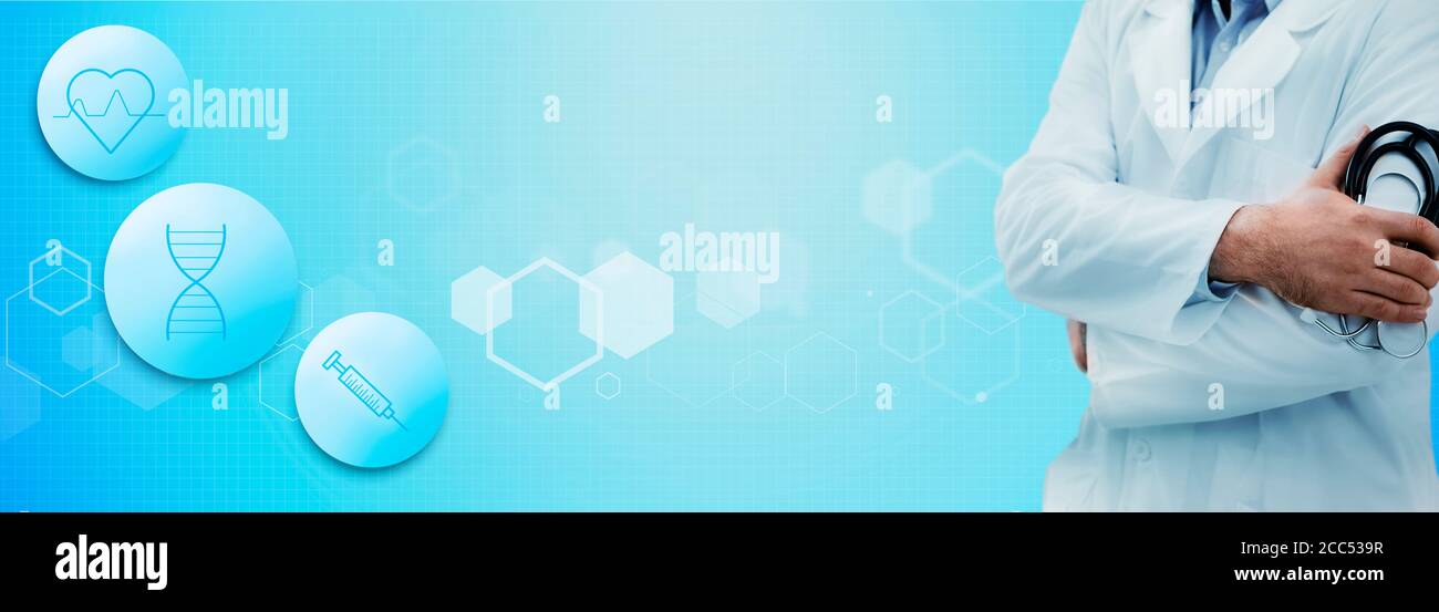 Medizin und Wissenschaft. Männlicher Arzt in weißer Uniform hält Stethoskop über blauem Hintergrund, Collage mit leerem Raum Stockfoto