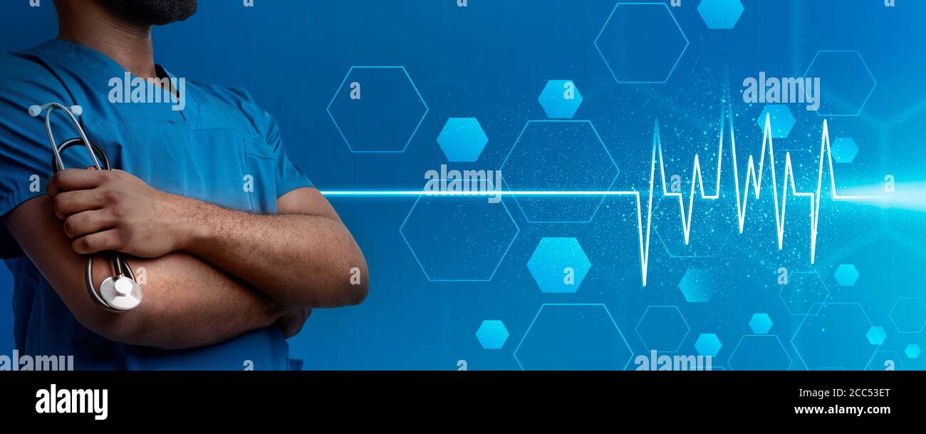 Collage mit schwarzem männlichen Arzt, hexagonalen Zellen und Kardiogramm auf blauem Hintergrund, Freiraum. Webbanner Stockfoto