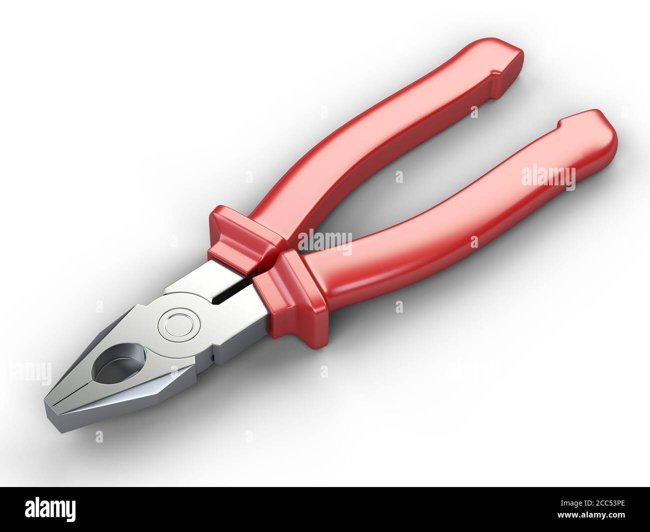 Zange mit rot isolierten Gummigriffen. 3d-Illustration isoliert auf weißem Hintergrund, hochauflösende Darstellung. Stockfoto