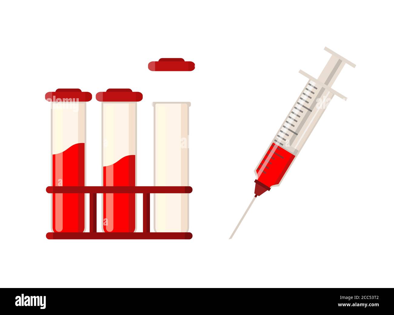 Medizinischer Bluttest. Ein medizinischer Schlauch mit Spritze und roter Flüssigkeit. Vektorgrafik, flacher Stil. Isoliert auf weißem Hintergrund. Stock Vektor