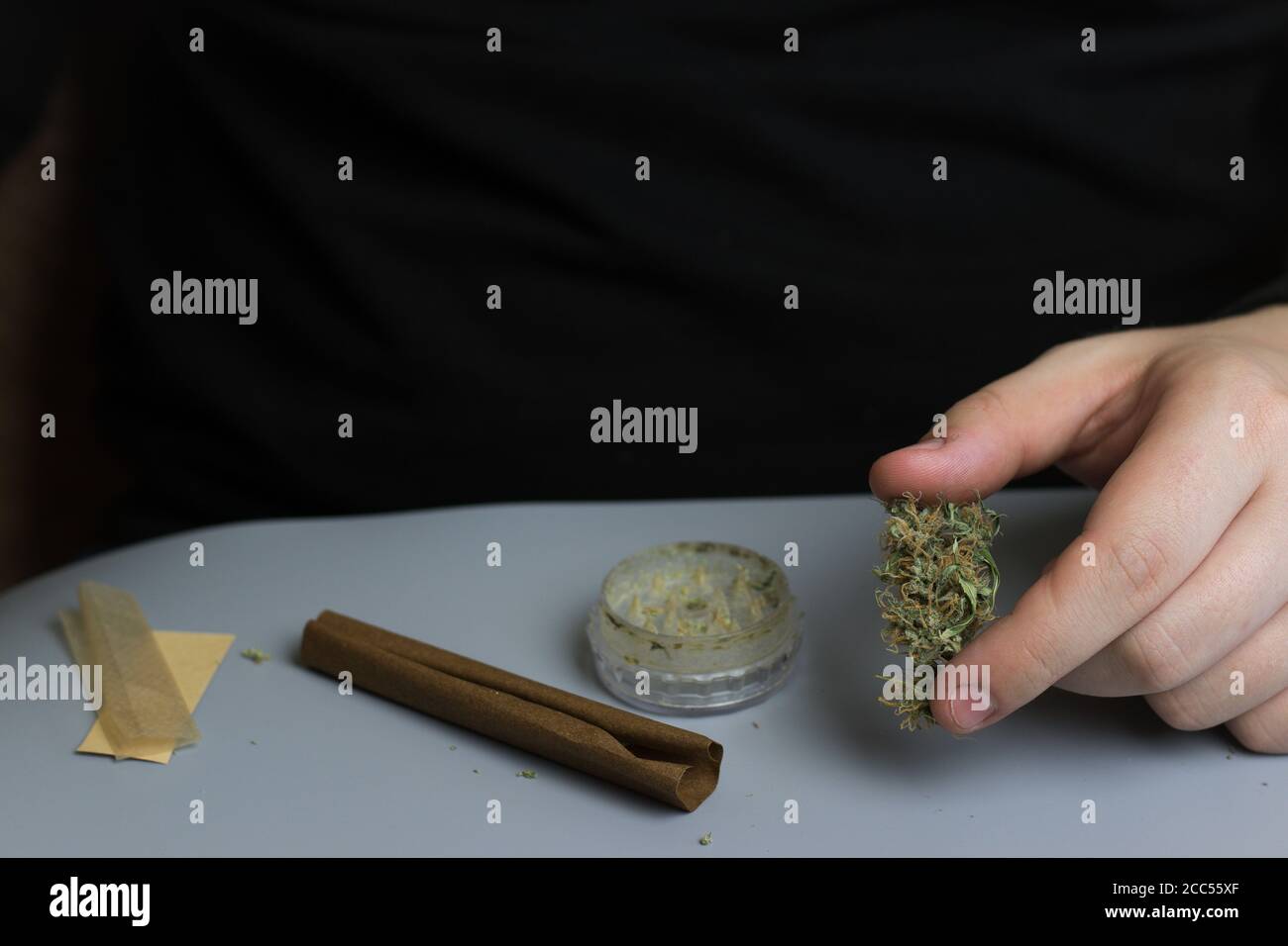 THC und CBD gesetzliches Gesetz über medizinische oder Freizeitnutzung. Mann mit Marihuana in der Hand Stockfoto