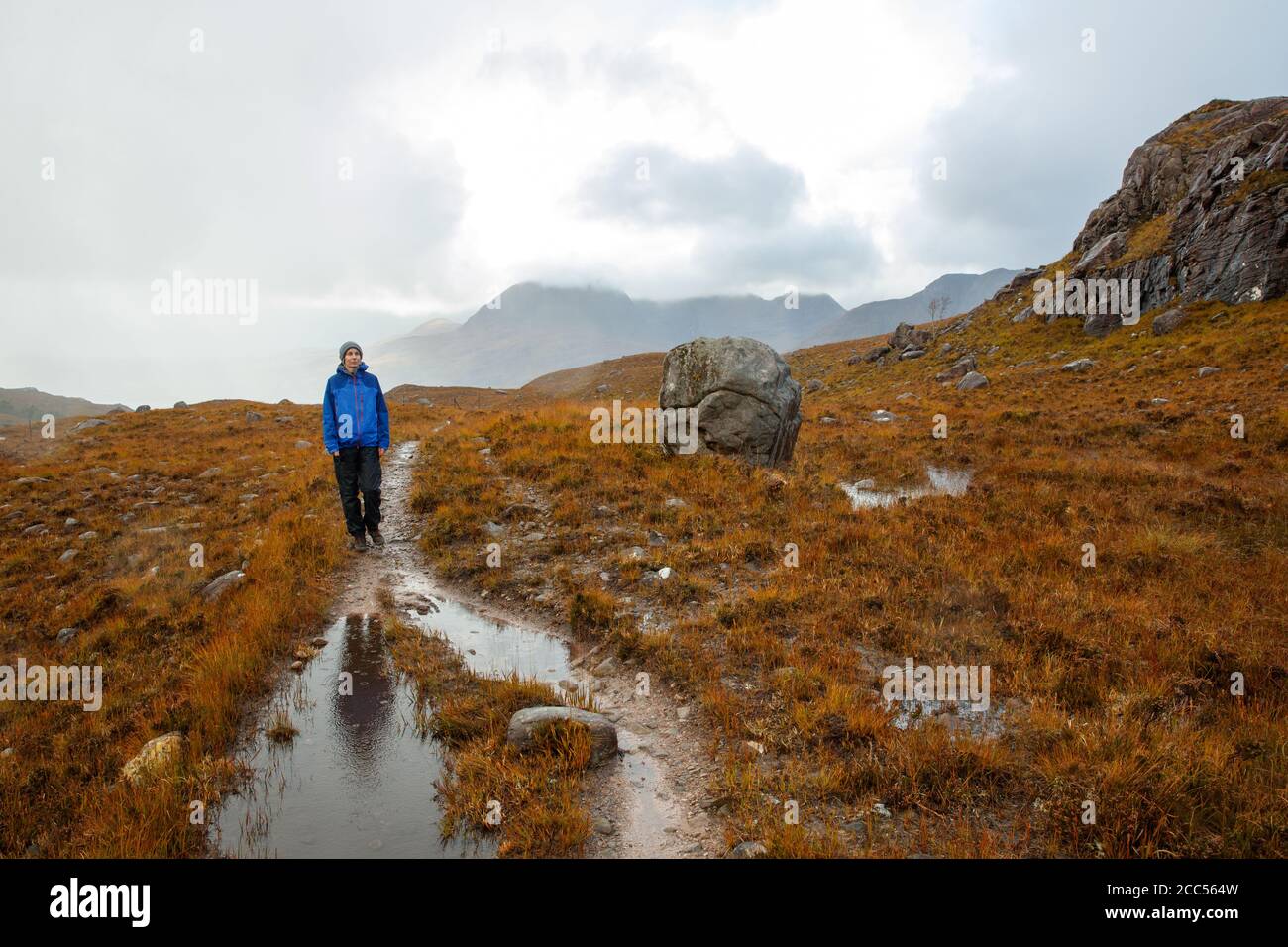 Eine Person, die in der schottischen Landschaft in der Nähe des Allt Bottighofen Rooill Fluss in Torridon, Schottland Stockfoto