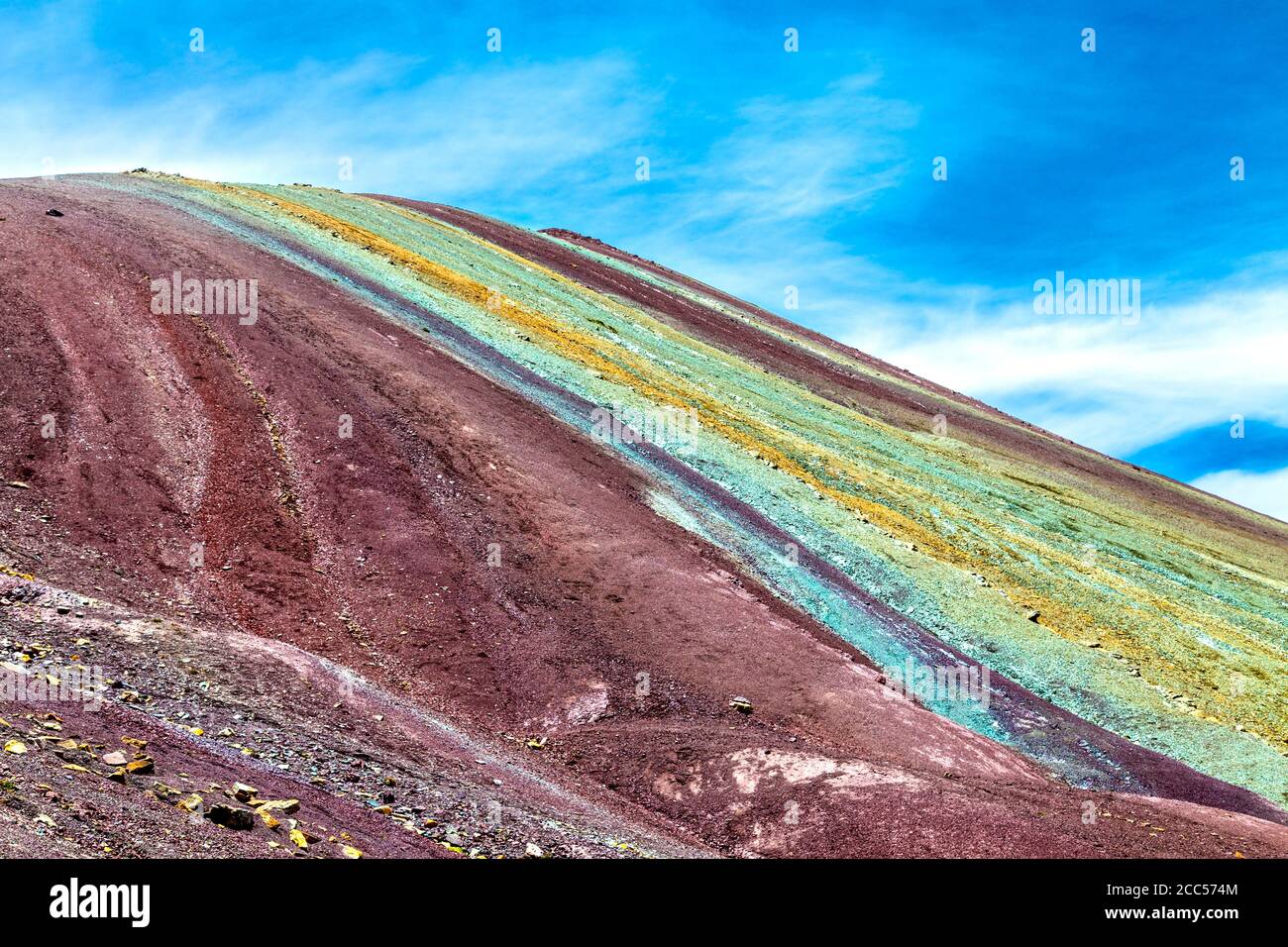 Nahaufnahme von bunten Streifen, die von Mineralvorkommen am Vinicunca (Rainbow Mountain) in Pitumarca, Peru, erstellt wurden Stockfoto