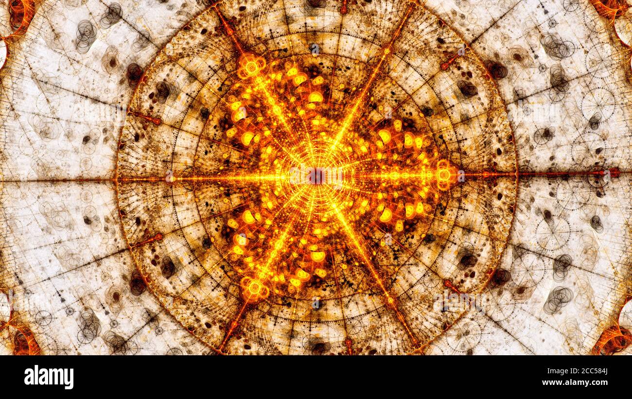 Fiery futuristischen Detektor in Partikel-Collider, Computer generiert abstrakten Hintergrund, 3D-Rendering Stockfoto