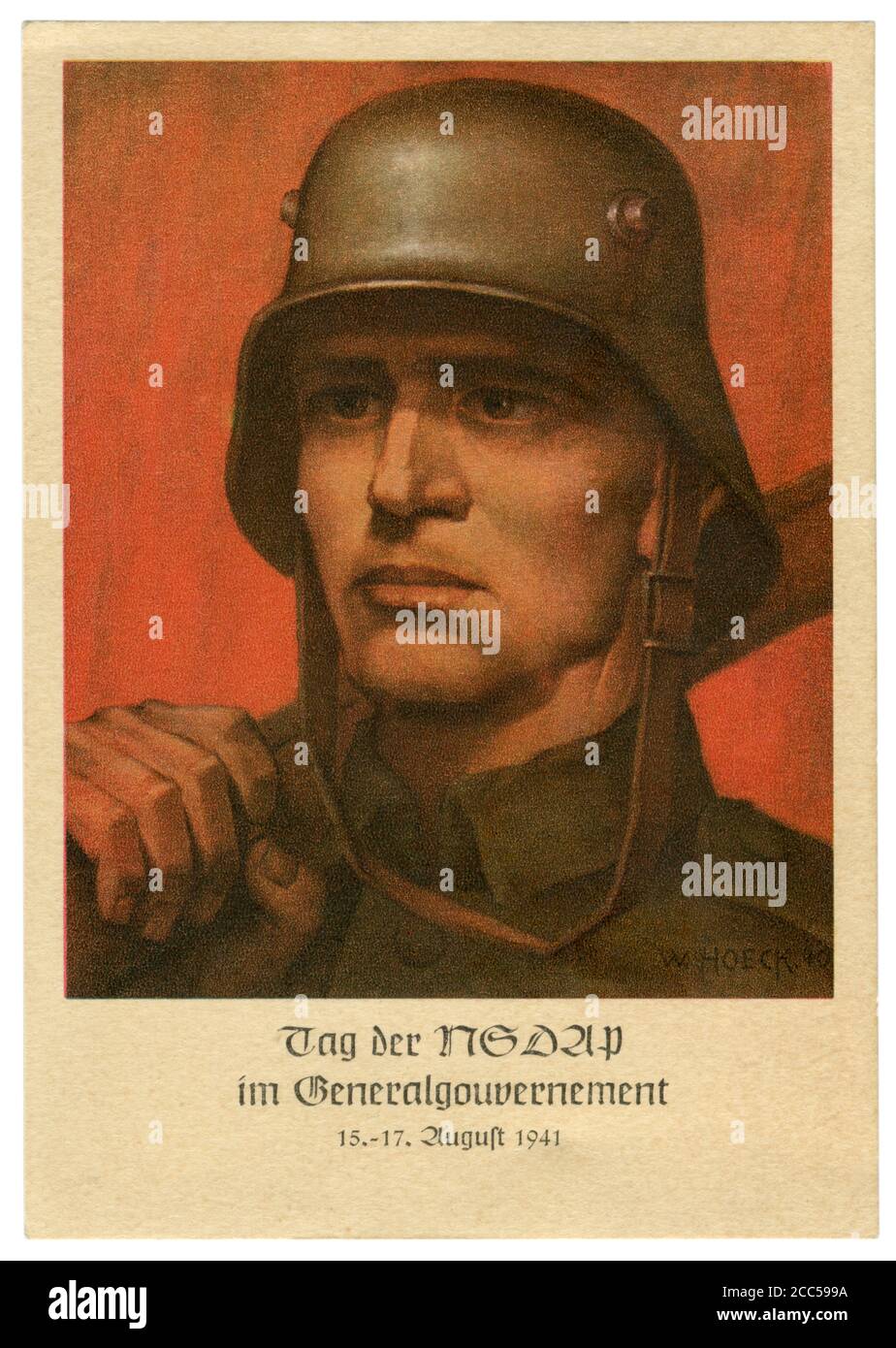 Deutsche historische Postkarte: Porträt eines Soldaten in einem Stahlfeldhelm. NSDAP-Parteitag in Generalgubernatorships, Deutschland, besetzte Polen,1941 Stockfoto