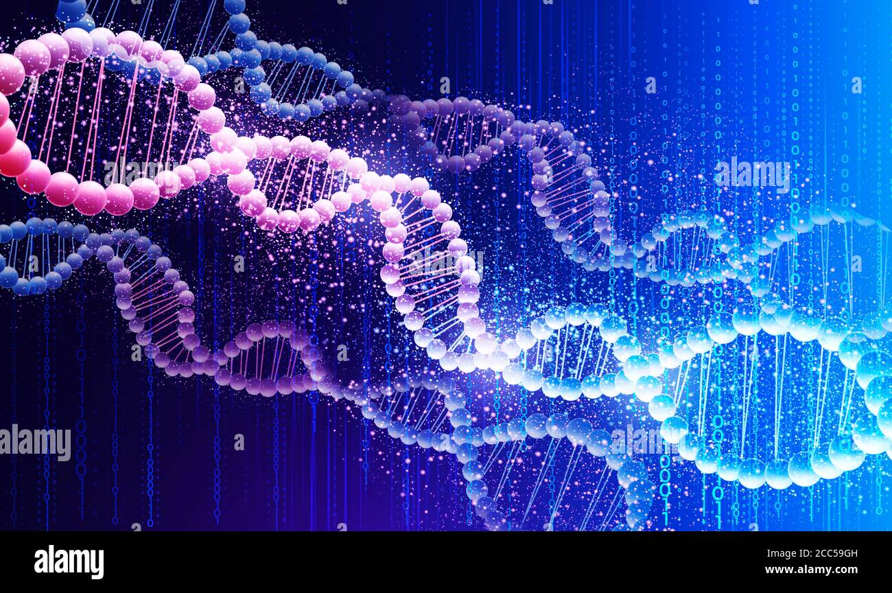 Konzept der Humangenetik. Abbildung mit glänzenden DNA-Molekülen auf blauem Hintergrund Stockfoto