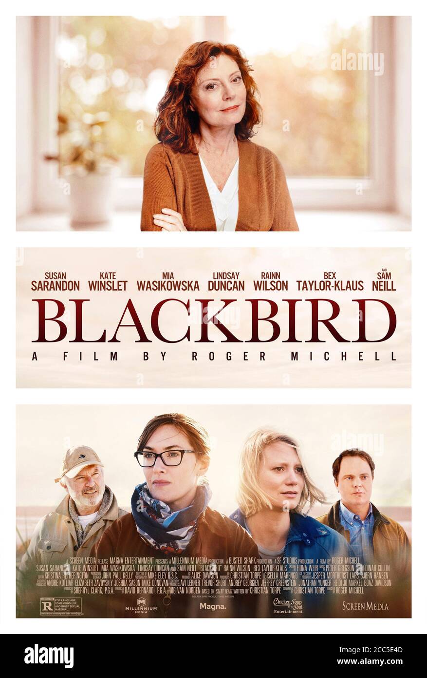 Blackbird (2019) Regie: Roger Michell mit Bex Taylor-Klaus, Sam Neill, Mia Wasikowska, Kate Winslet und Susan Sarandon. Remake des dänischen Films Silent Heart über ein letztes Familientreffen, das von einer unheilbar kranken Mutter organisiert wurde, um ein letztes Auf Wiedersehen zu machen. Stockfoto