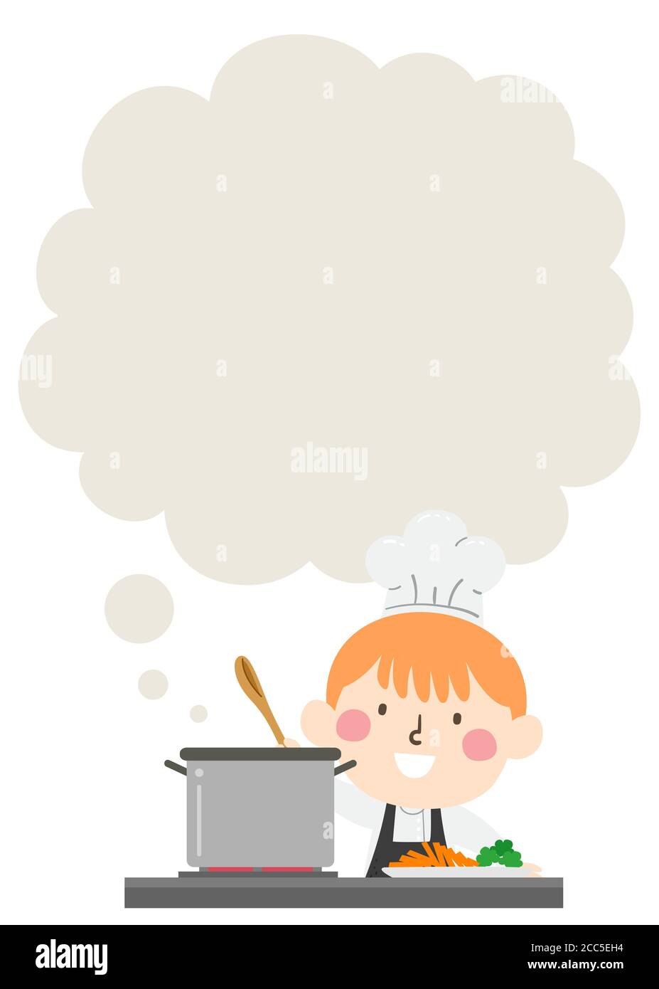 Illustration eines Kid Boy trägt Chef Hut mit Blank Cloud Beim Kochen Denken Stockfoto