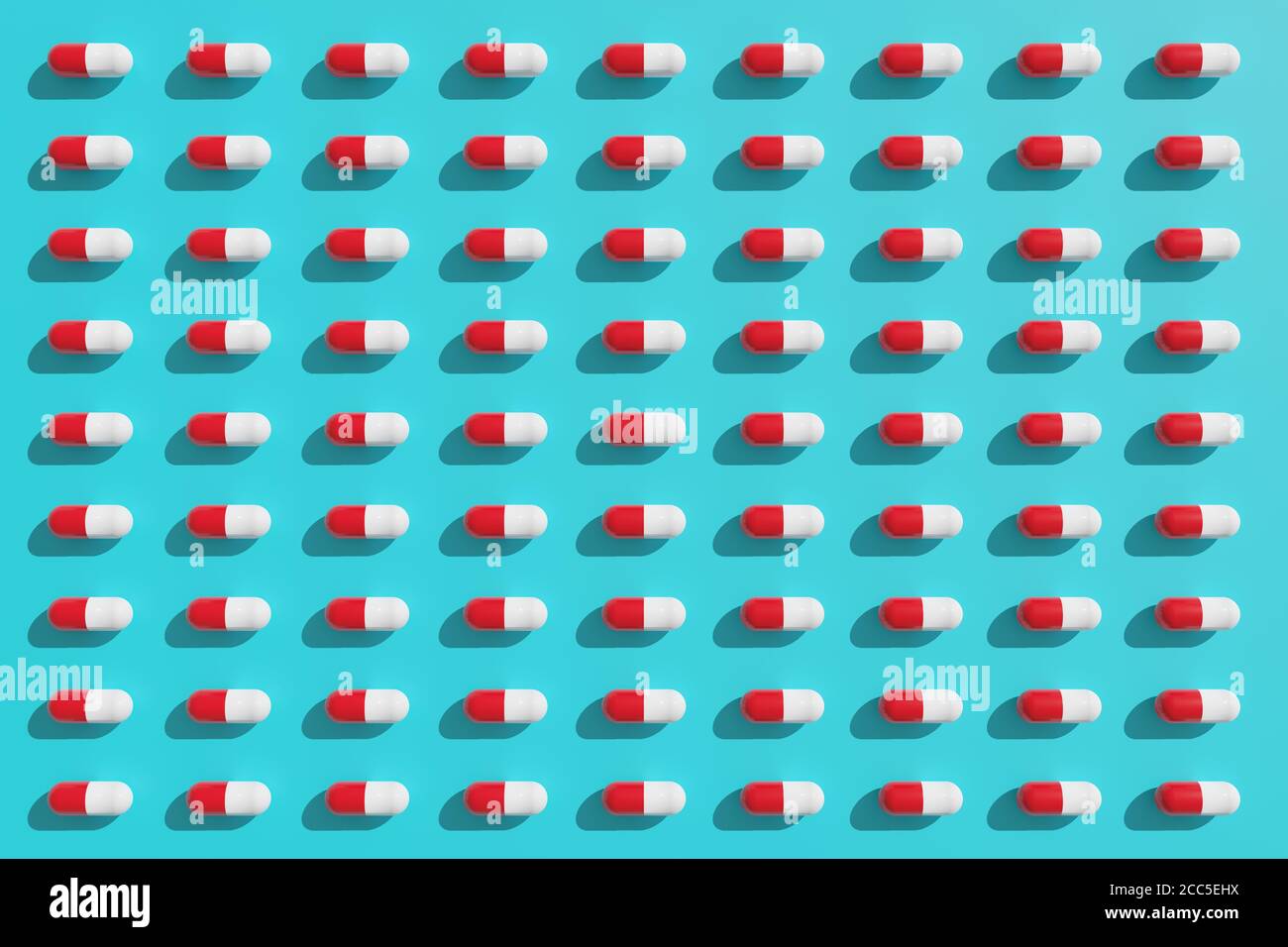 Rote und weiße Pillen Muster auf einem hellblauen Hintergrund. 3d-Illustration. Stockfoto