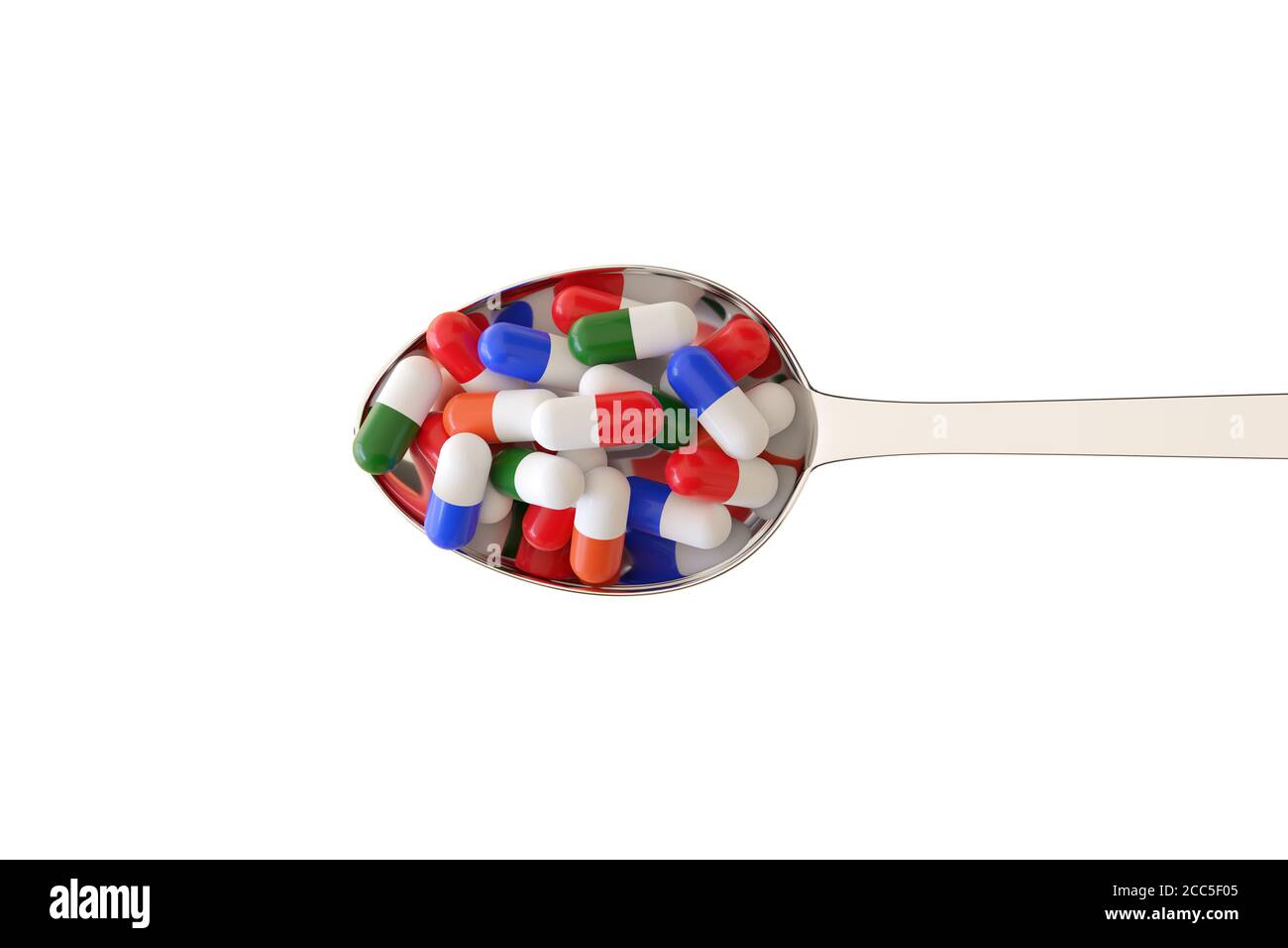 Draufsicht auf einen Löffel voller verschiedenfarbiger Pillen isoliert auf weißem Hintergrund. 3d-Illustration. Stockfoto