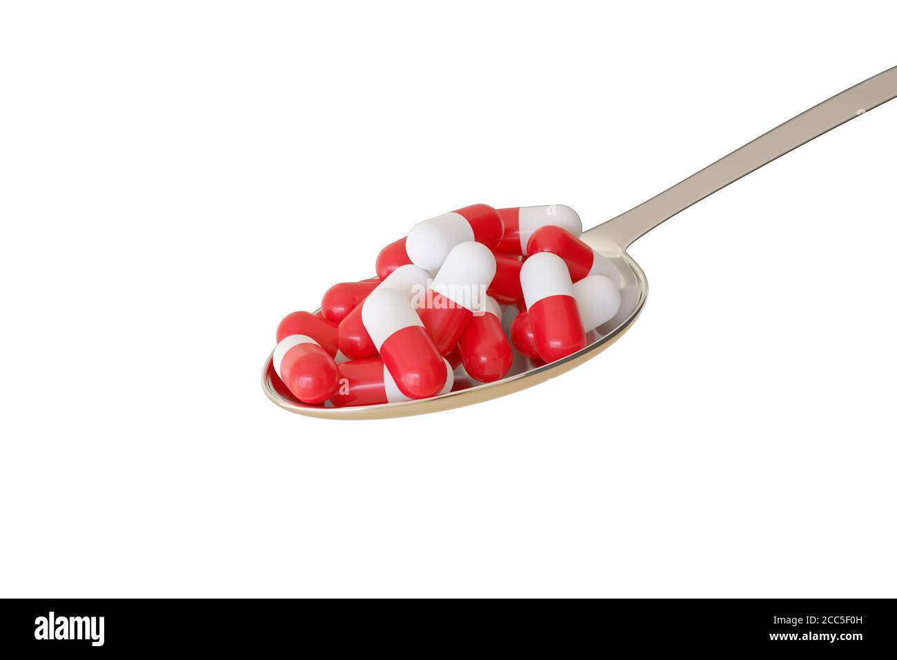 Nahaufnahme eines Löffels voller Pillen isoliert auf einem weißen Hintergrund. Selbstmedikation Konzept. 3d-Illustration. Stockfoto