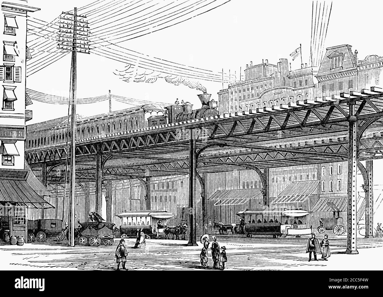 Eine gravierte Dampfzug Illustration des 19. Jahrhunderts New York USA erhöhte Eisenbahnstrecke von einem viktorianischen Buch datiert 1883 das ist nicht mehr in Cop Stockfoto