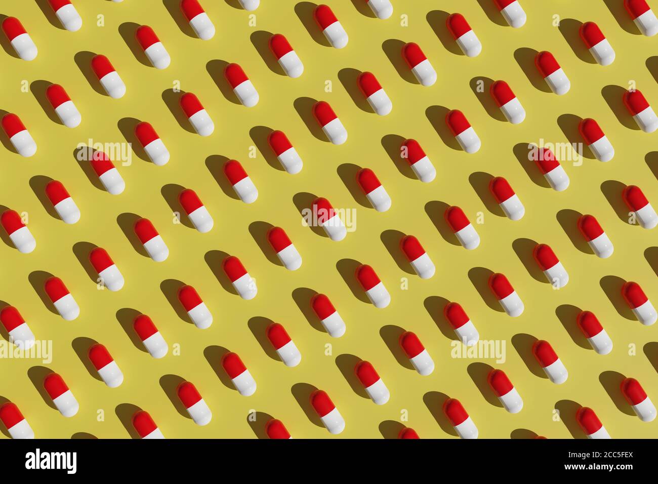 Rote und weiße Pillen Muster auf einem gelben Hintergrund. 3d-Illustration. Stockfoto