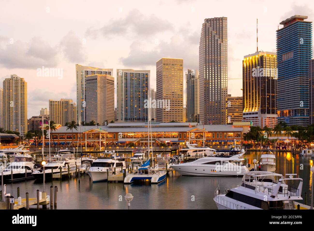 Skyline der Stadt, Bayside Shopping Mall und Marina in Downtown Miami, Florida, USA Stockfoto