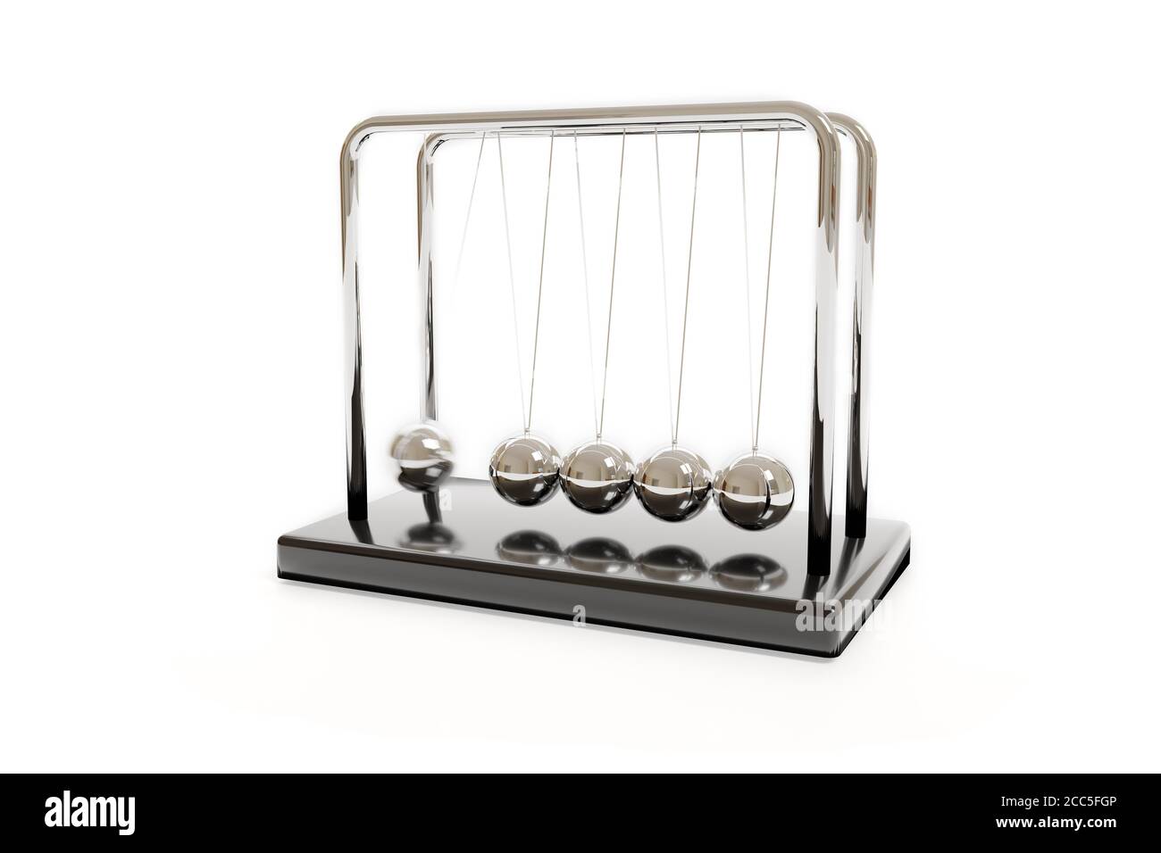 Newtons Wiege schwingt isoliert auf weißem Hintergrund. Balance-Konzept. Abbildung 3d. Stockfoto