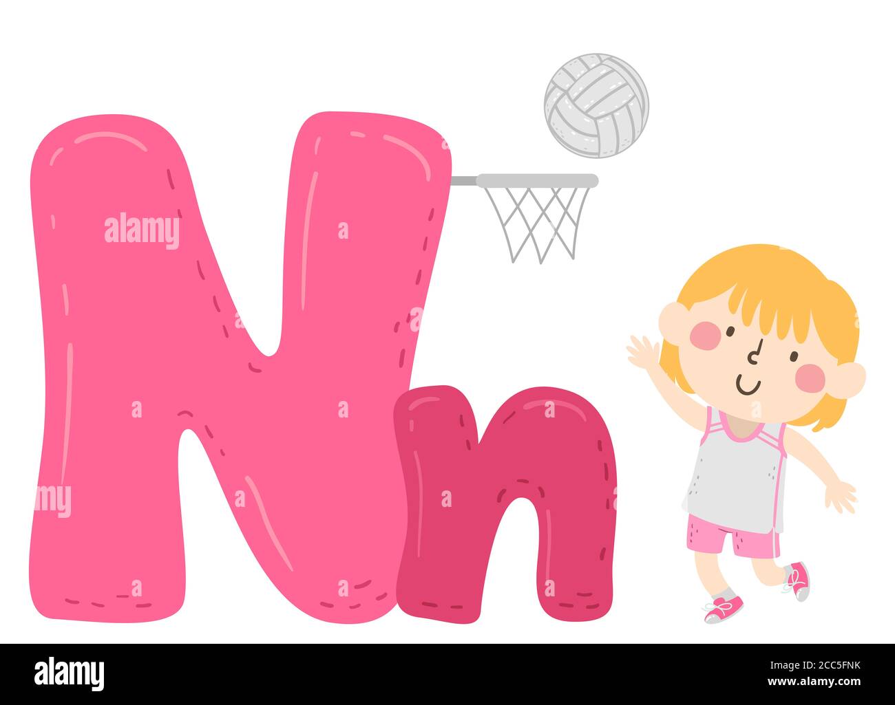 Illustration von einem Kind Mädchen werfen Netball auf Korb. Sport-Alphabet Stockfoto