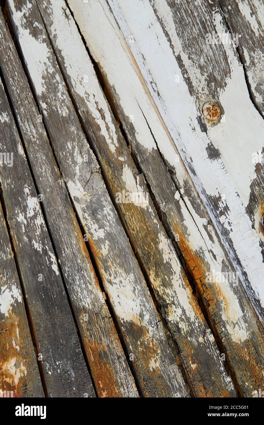 Nahaufnahme eines verwitterten antiken Bootsruders mit abblätternder weißer Farbe. Stockfoto