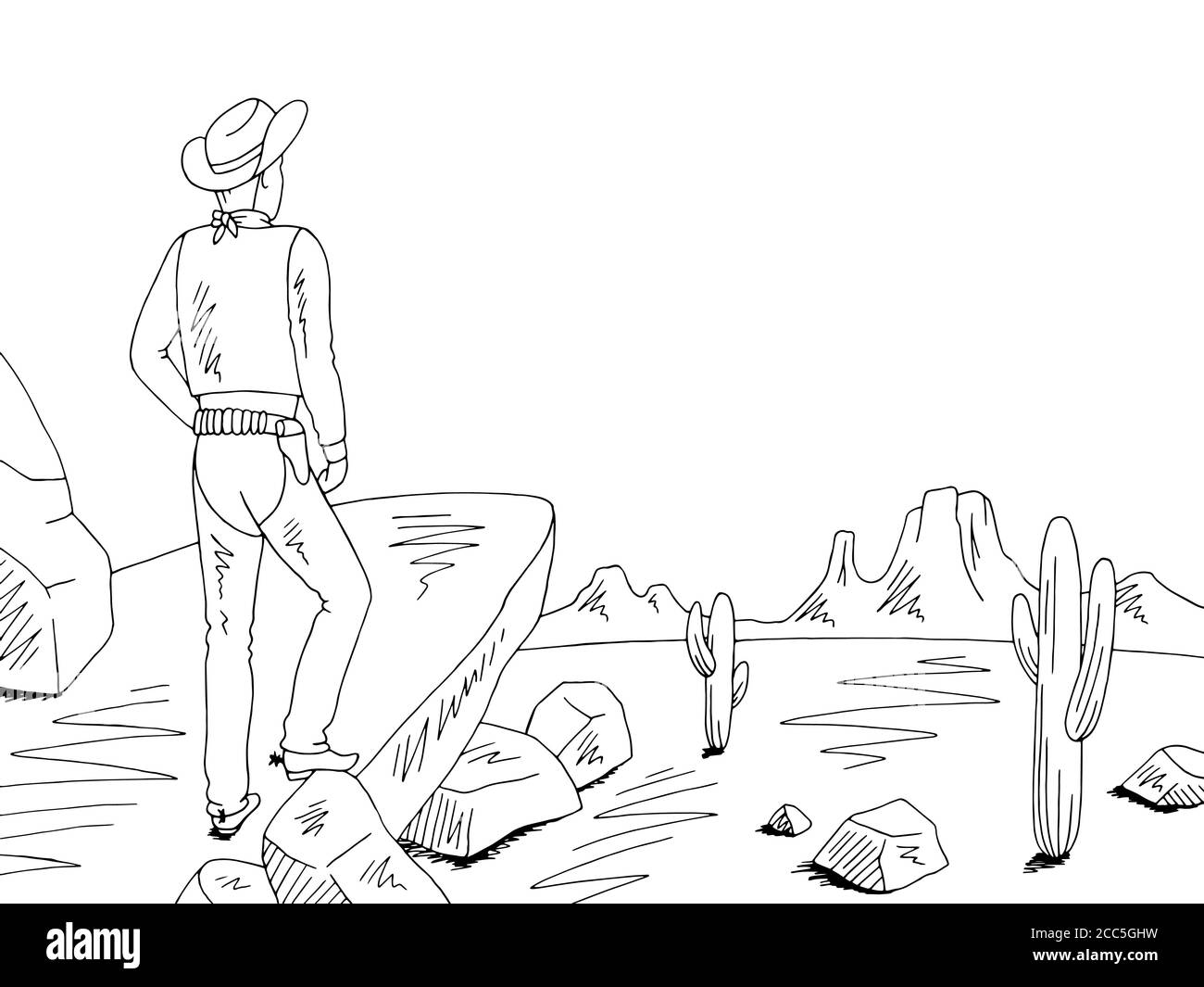 Cowboy steht auf einem Felsen und schaut auf die Prärie Grafik schwarz weiß Wüste Landschaft Skizze Illustration Vektor Stock Vektor