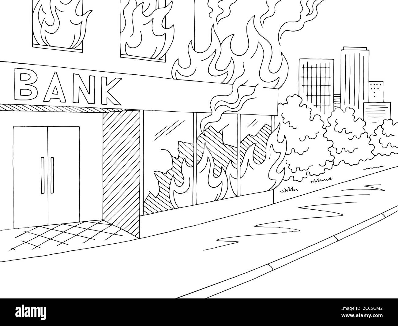 Feuer in Bank außen Grafik schwarz weiß Skizze Stadt Landschaft Illustrationsvektor Stock Vektor