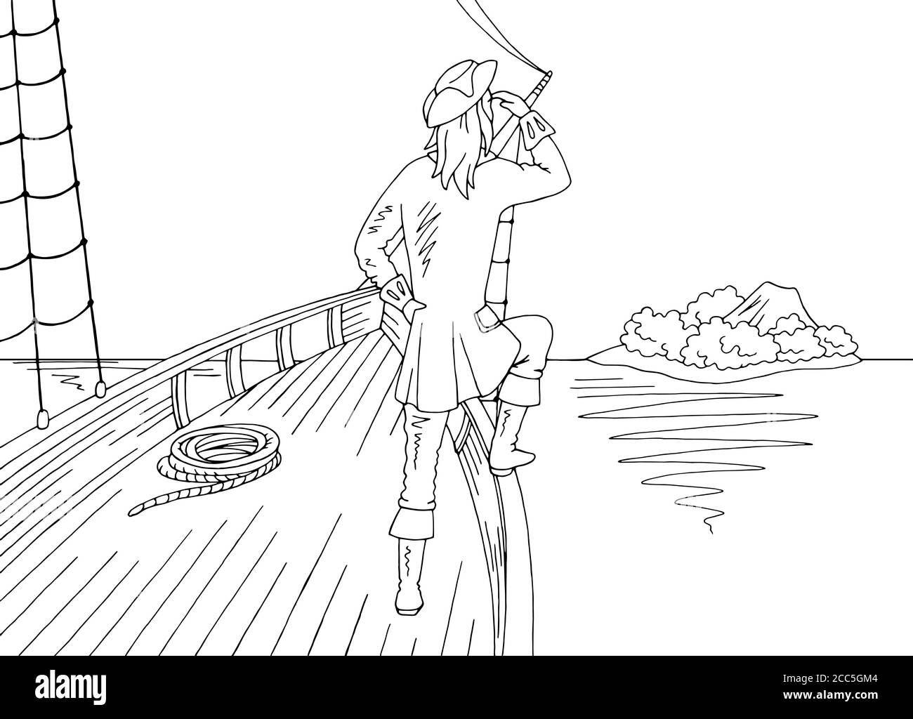 Seemann steht auf dem Bug des Schiffes und schaut Auf der Insel Grafik schwarz weiß Landschaft Skizze Illustration Vektor Stock Vektor