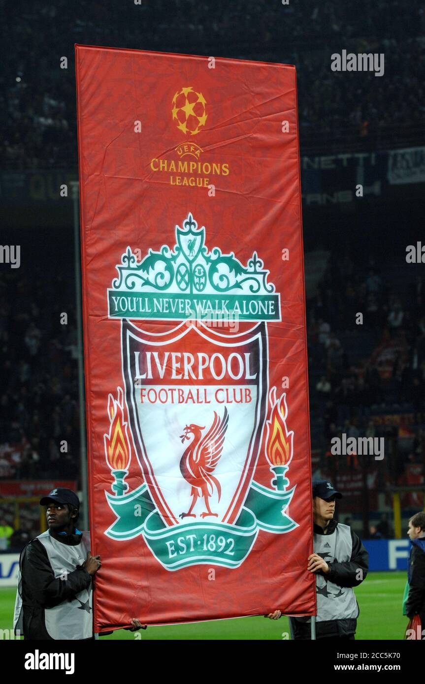Mailand Italien, 11. März 2008,' G.Meazza' Stadion, UEFA Champions League 2007/2008 ,FC Inter - FC Liverpool : UEFA Champions League Banner mit FC Liverpool Logo Stockfoto