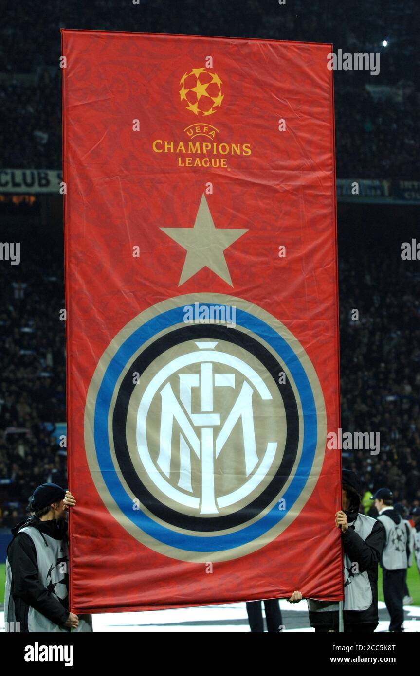 Mailand Italien, 11. März 2008,' G.Meazza' Stadion, UEFA Champions League 2007/2008 ,FC Inter - FC Liverpool : UEFA Champions League Banner mit FC Inter Logo Stockfoto