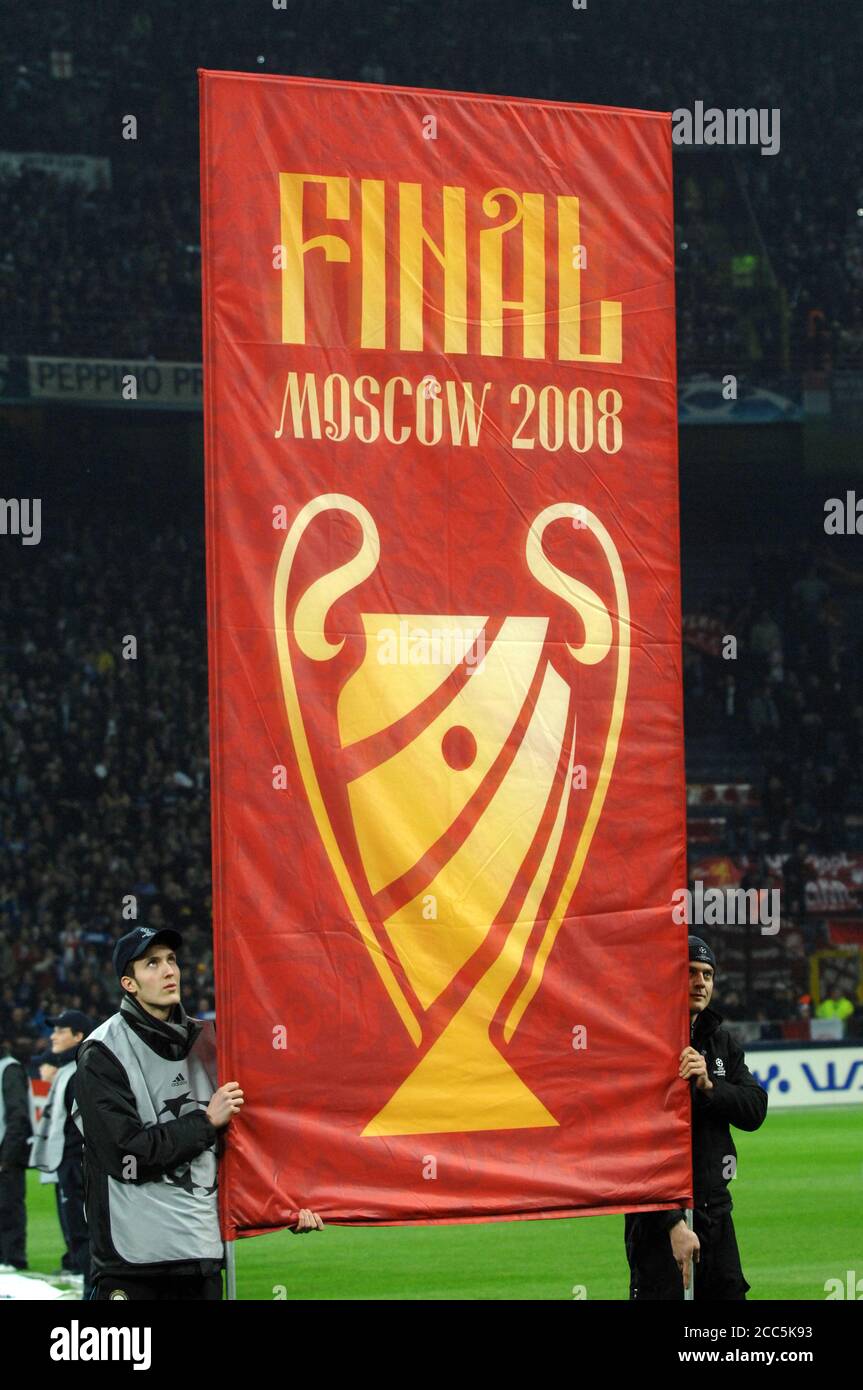 Mailand Italien, 11. März 2008,' G.Meazza' Stadion, UEFA Champions League 2007/2008 ,FC Inter - FC Liverpool : UEFA Champions League Banner mit Finale Moskau 2008 Logo Stockfoto