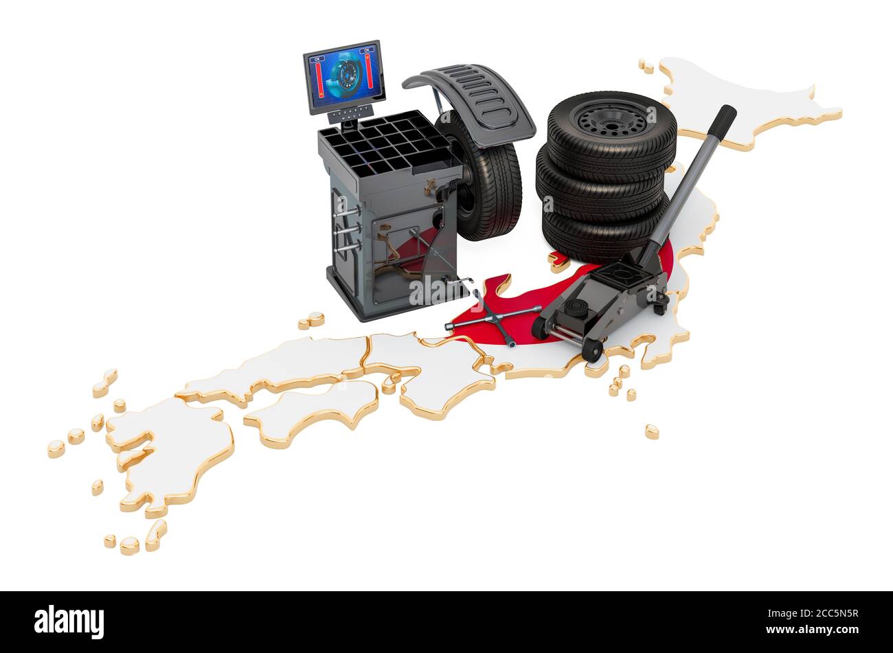 Reifenmontierungs- und Autoservice in Japan Konzept. 3D-Rendering auf weißem Hintergrund isoliert Stockfoto